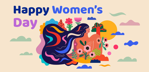 Happy Women's Day. Vector bright colourful banner with woman's face for the holiday Women's day. Character design for 8th march, women's day.