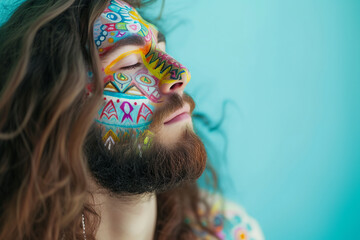young bearded hippie man with colorful painted makeup, close up, on blue