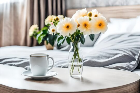 Closeup of coffee cup and flower in glass vase on the bedside table of bright bedroom interior, real photo with copy space on the empty wall