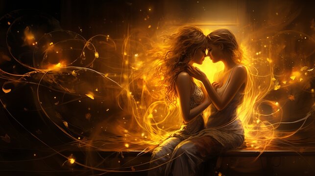 Curious and intelligent gemini twins in interactive duality with versatile atmosphere.