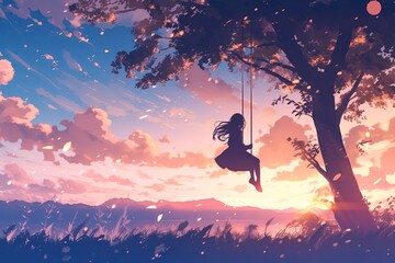 Peaceful Animated Background With Lofi Anime Girl On Tree Swing, Surrounded By Calming Sunset And Gentle Breeze