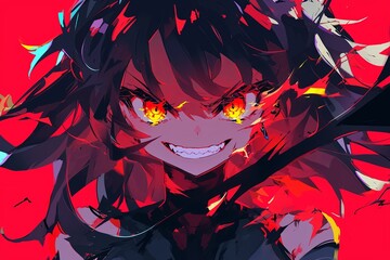 Sinister Anime Girl With Malevolent Grin, Fangs, And Fiery Red Eyes