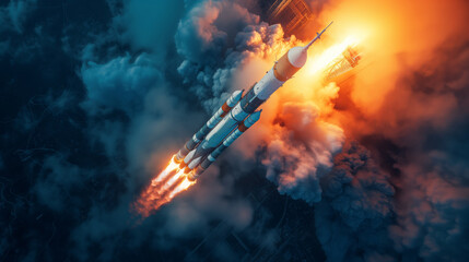 Launching a rocket into outer space, the rocket flies in a puff of smoke - obrazy, fototapety, plakaty