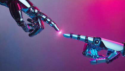 Duas mãos mecânicas de robôs, com os dedos indicadores se tocando e um brilho de luz, com fundo  colorido com tons de cor-de-rosa e azul. - obrazy, fototapety, plakaty