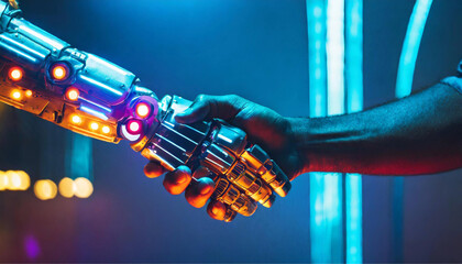 Um aperto de mão entre um robô e um humano. Detalhe de mãos humana e de um robô com fundo de tecnologia, desfocado. - obrazy, fototapety, plakaty