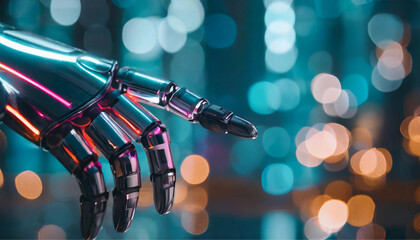 Uma mão mecânica de robô com fundo tecnológico desfocado. - obrazy, fototapety, plakaty