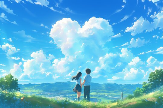 Anime Characters Gaze In Wonder At Heartshaped Cloud Above Beautiful Scenery