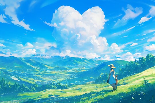 Anime Characters Gaze In Wonder At Heartshaped Cloud Above Beautiful Scenery