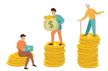rich retirement concept, three generations of men with different amount of money 