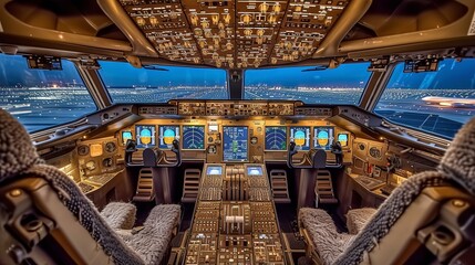 Civil airplane flight deck interior with control panel and pilot seats in evening light