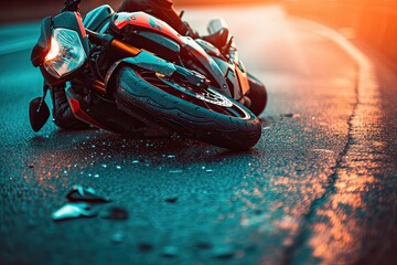 A motorbike accident scene unfolds on the road, with a damaged vehicle serving as a stark reminder of the dangers of the open road. - obrazy, fototapety, plakaty