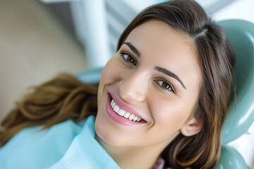 portrait of a smiling young woman sitting in a dental chair in a clinic