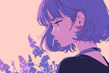 Beautiful Anime Girl In Profile On Lavender Color Background