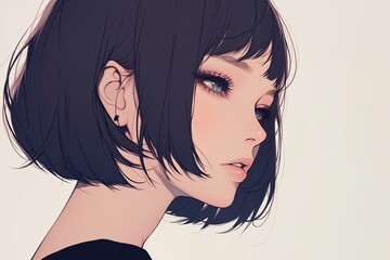 Beautiful Anime Girl In Profile On Light Gray Background