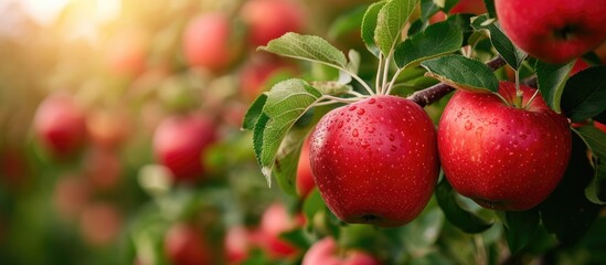 Ripe red apple fruits in an orchard, ready for harvest.