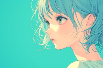 Beautiful Anime Girl In Profile On Soft Aqua Color Background