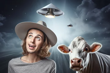Poster man and cow holding metallic hats, exaggerated emotions, futuristic spaceship, ufos in the sky, conspiracy theory concept © zgurski1980