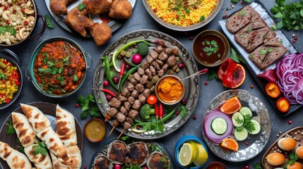 Ramadan iftar meals on the table, top view of traditional dinner, kebab
