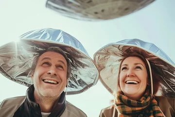 Photo sur Plexiglas UFO man and woman holding metallic hats, exaggerated emotions, futuristic spaceship, ufos in the sky, conspiracy theory concept, sunlight