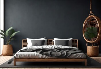 Dark bedroom interior mockup, wooden rattan bed on empty dark wall background, Scandinavian style, 3d render  - obrazy, fototapety, plakaty