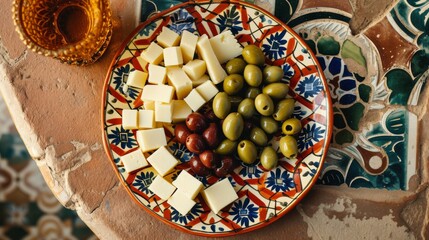 selection of both green and black olives are present in the arrangement as well as in wooden bowls beside the plate