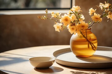 early spring sunny light in small table cosy minimalist style professional photography