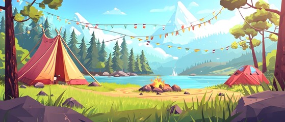 Summer camp illustration in flat style With tent and campfire next to lake, mountains and pine view. 