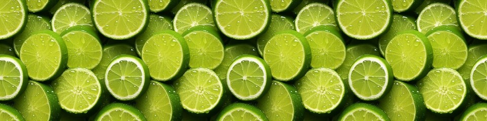 Food photography limes slices texture background banner, fruits pattern with waterdrops, top view, flat lay, seamless pattern