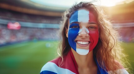 Energetic french fan with tricolor face paint, cheering at sports event with stadium background