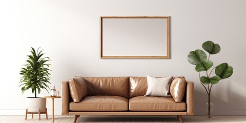 Contemporary living room with brown eco leather couch, golden-framed mirror, wall picture frame, and potted houseplant.