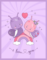 Cute groovy loving couple of snails girl and boy on rainbow. Funny enamored insect kawaii character. Vector illustration. Cool Valentines card with slogan I love you in retro style