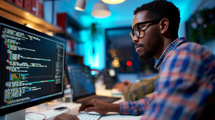 A technology professional working on code in a software development environment, emphasizing programming skills