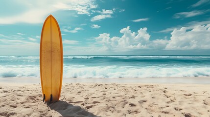 Surfboard on sandy tropical beach background. summertime sport concept, hobbies. copy space, mockup, wallpaper.