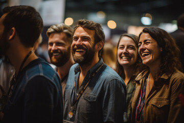 Fototapeta premium Close up picture of a happy and laughing staff or participant people group listening to a startup business owner at a trade show exhibition event. Generative AI.