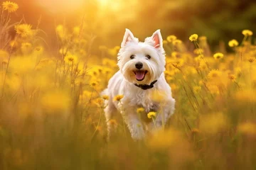 Papier Peint photo Prairie, marais West highland white terrier dog running in meadow field surrounded by vibrant wildflowers and grass on sunny day ai generated
