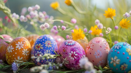 Fototapeta na wymiar colorful easter eggs with flowers in the meadow