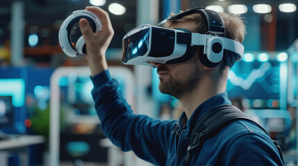 A professional in the tech industry testing virtual reality equipment, showcasing innovation and adaptability