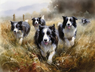 Digital painting of a group of Border Collies in a field
