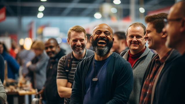 Close up picture of a happy and laughing staff or participant people group listening to a startup business owner at a trade show exhibition event. Generative AI.