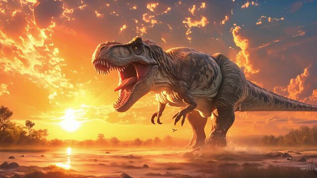 A fierce tyrannosaurus rex lets out a mighty roar as the sun rises signaling the start of a new day in the prehistoric world.