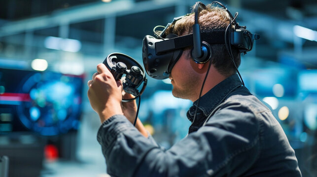 A professional in the tech industry testing virtual reality equipment, showcasing innovation and adaptability