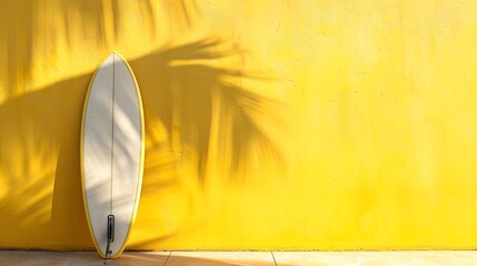 a surfboard with palm leaf shadow and empty space isolated on yellow background, copy space, mockup.