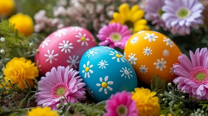 Fototapeta na wymiar Easter holiday, colorful easter eggs with flowers in the meadow