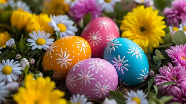 Easter holiday, colorful easter eggs with flowers in the meadow