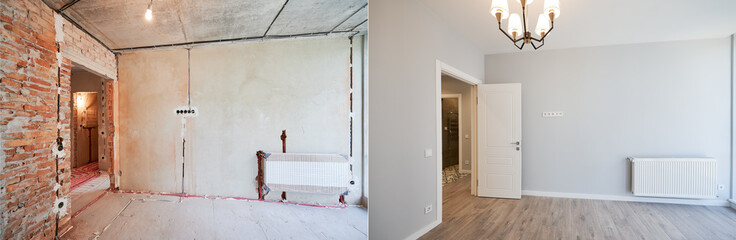 Photo collage of apartment room before and after restoration or refurbishment. Old room with...