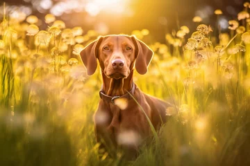 Papier Peint photo Lavable Prairie, marais Vizsla dog sitting in meadow field surrounded by vibrant wildflowers and grass on sunny day ai generated
