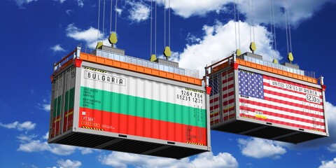 Shipping containers with flags of Bulgaria and USA - 3D illustration