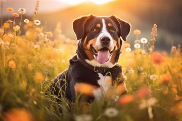 Abwaschbare Fototapete Wiese, Sumpf Greater swiss mountain dog sitting in meadow field surrounded by vibrant wildflowers and grass on sunny day ai generated