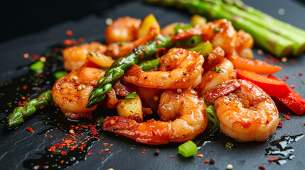  Chinese Wog with green asparagus and king prawns, hot food, spices, and herbs, very appetizing, unusual background, restaurant menu, and homemade food. Asia.