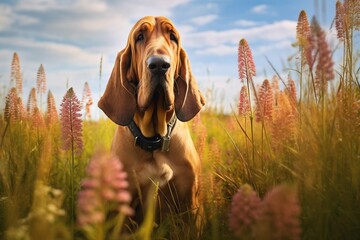Bloodhound dog sitting in meadow field surrounded by vibrant wildflowers and grass on sunny day ai generated - obrazy, fototapety, plakaty